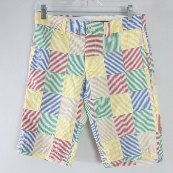 New Ralph Lauren Sport Womens 2 Yellow Red  Striped Seersucker Shorts Patchwork - Picture 1 of 7